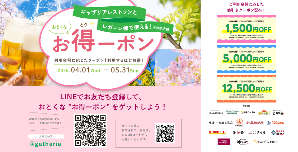 ギャザリアレストランとレガーレ棟で使える！！お得なクーポン配布！